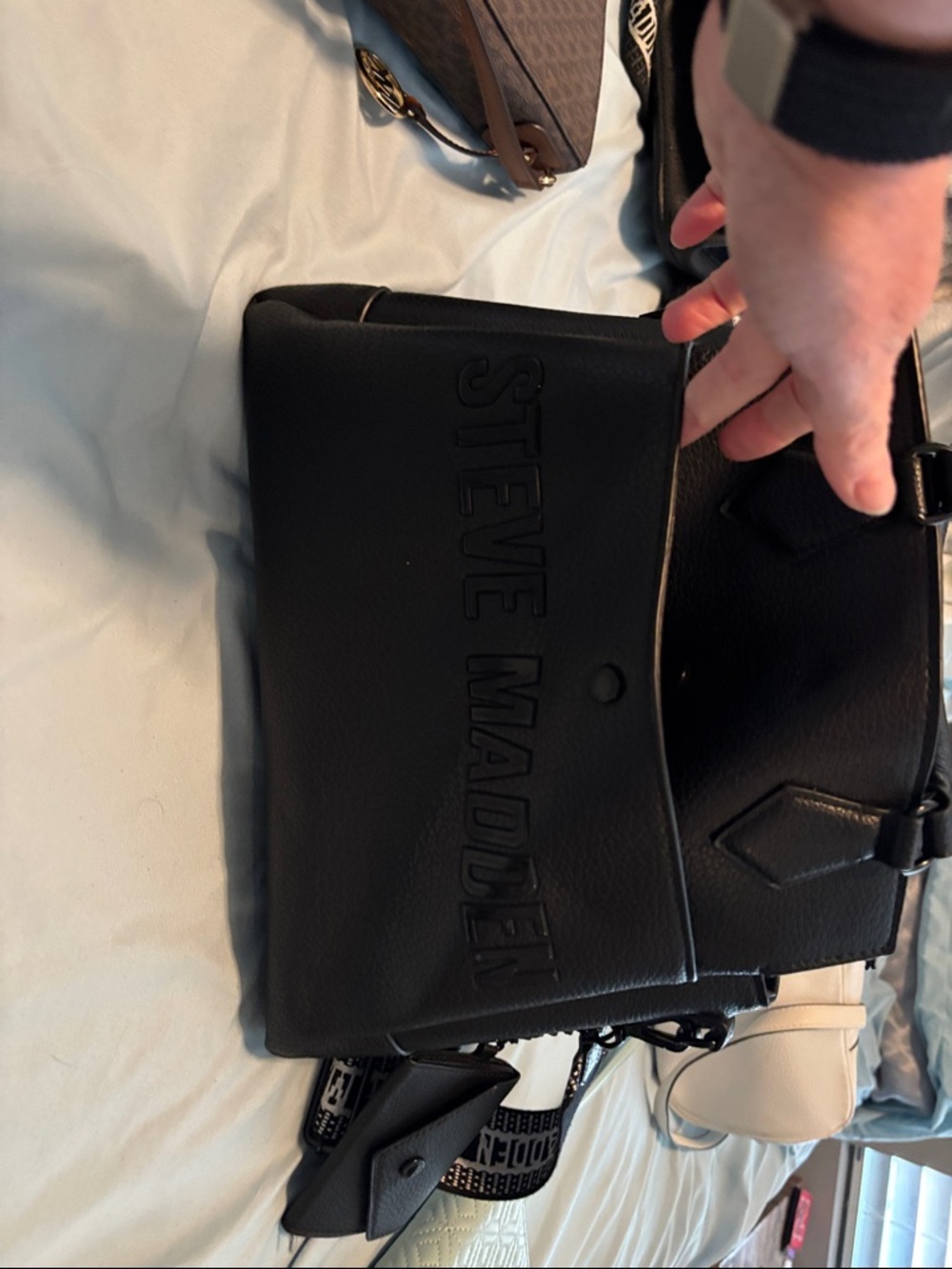 Steve Madden Black Embossed Leather Messenger Pouch